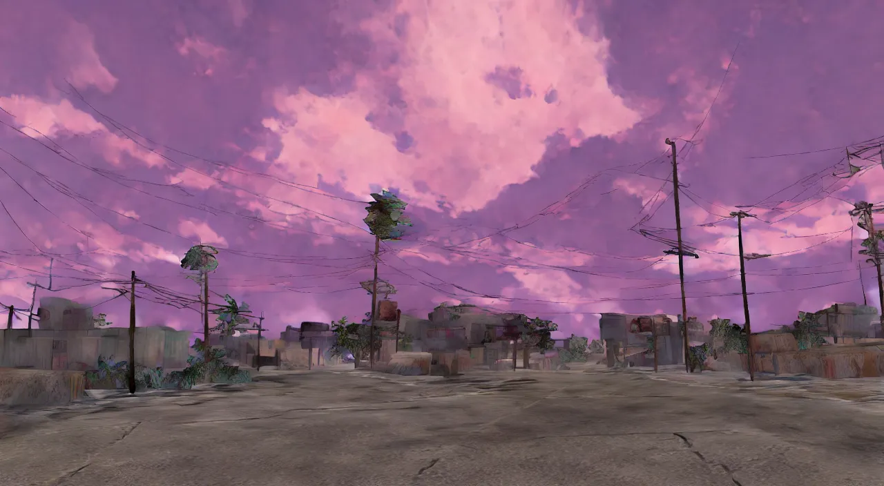 Image similar to hdr map of gta san andreas evening, pink sky, photorealistic, hyper detailed, hyper realistic, houdini, vfx, unreal engine 4, octane render, 8 k