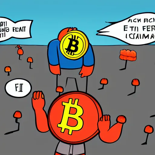 Image similar to people running away scared from a giant with bitcoin head, comic art, 8k