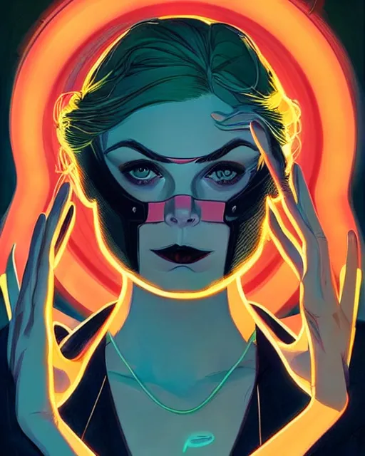 Prompt: in the style of Joshua Middleton comic art, The Purge people fighting, Samara Weaving full body, night time dark with neon colors, fires, symmetrical faces