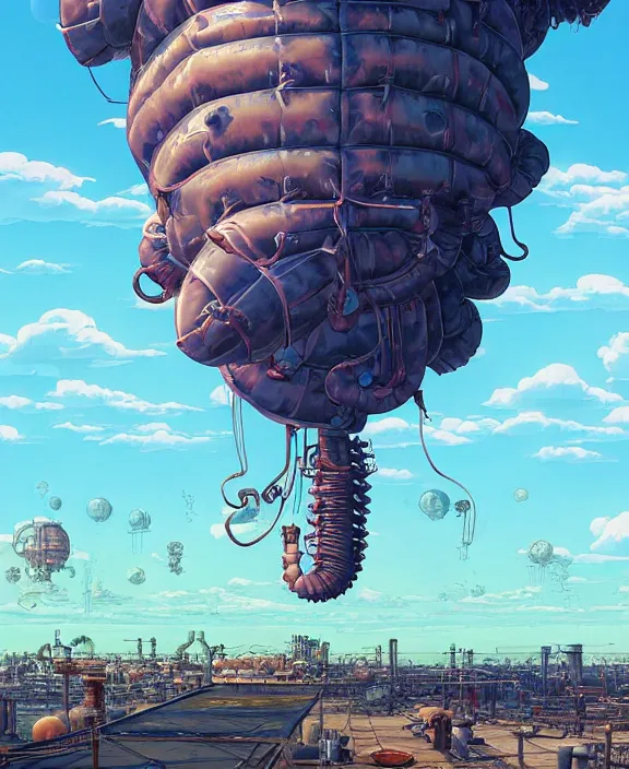 Image similar to inflated industrial plant made from fat isopod lobster octopus, in the style of puffy spaceship, botany, partly cloudy, spooky, dramatic lighting, by geof darrow, bill sienkiewicz, dan mumford, yusuke murata, makoto shinkai, ross tran, cinematic, unreal engine, cel shaded, featured on artstation, pixiv