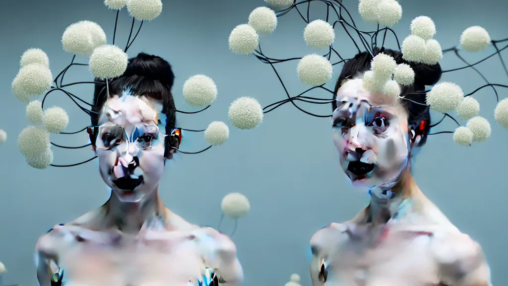 Prompt: symmetrical portrait of a woman wearing a blue embroidered translucent silicone mask and white frizzy hair buns, wearing a black bodysuit, standing in a sterile room full of translucent silicone white flowers and plants, white background, soft diffused light, biotechnology, humanoide robot, futuristic aesthetic, translucent, ethereal, intricate details, highly detailed, masterpiece,