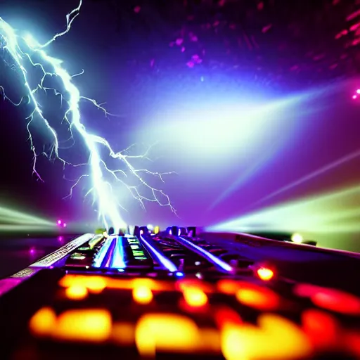 Image similar to lightning coming from a korg synthesizer in a dance club, hyperrealistic, highly detailed, bokeh, dramatic lighting