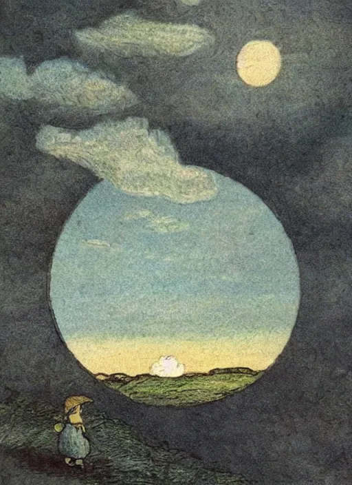 Prompt: transitioning from day to night, one half sun, one half moon, surrounded by clouds, landscape, illustrated by peggy fortnum and beatrix potter and sir john tenniel