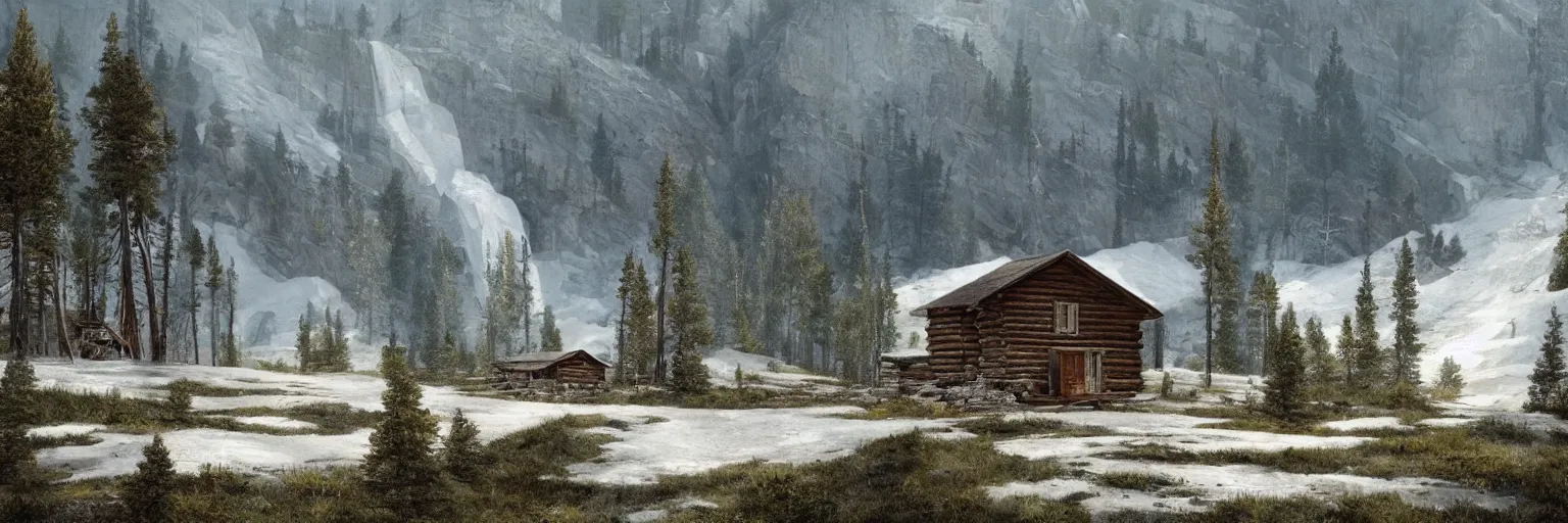 Prompt: a lone cabin on the side of a mountain in yellowstone national park, 8k, james gurney, greg rutkowski, john howe, artstation