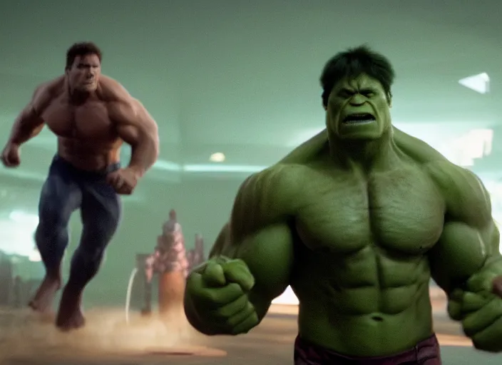 Prompt: film still of Hulk going bowling in Avengers Endgame, 4k