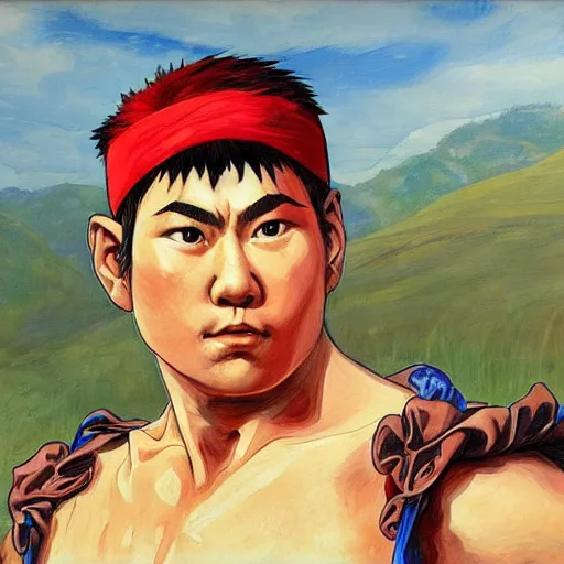 Image similar to ryu from street fighter 2 in real life in the style of malczewski, jacek