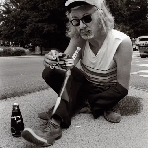 Image similar to hugh hopper on a street corner eating an orange and sipping diet pepsi