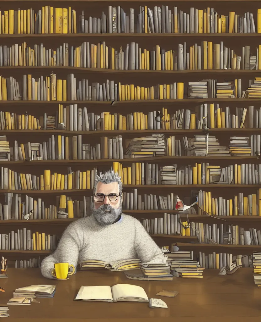 Prompt: Middle-aged professor with a short gray beard and short spiky hair wearing a yellow sweater sits at desk in his study with a expansive bookshelf crammed with books in the background, hyperrealistic, portrait, concept art, illustration, 8k, artstation, digital painting