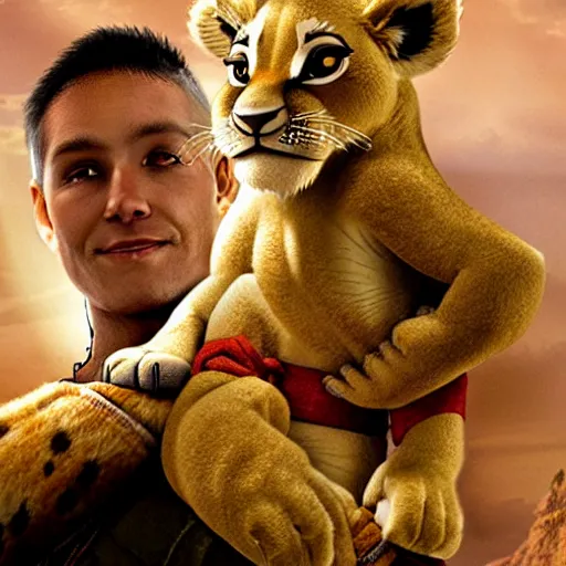 Prompt: eccio auditore holding baby simba as in the lion king