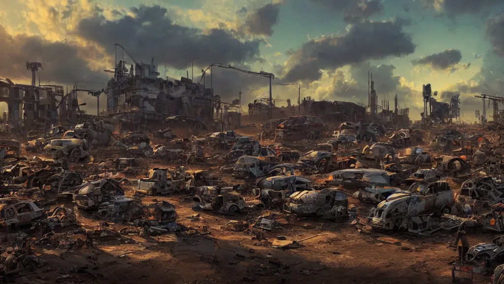 Image similar to a Photorealistic hyperrealistic render of a Robot Junkyard full of weathered and well worn down Robots by PIXAR,Greg Rutkowski,WLOP,Artgerm,dramatic moody sunset lighting,long shadows,Volumetric, cinematic atmosphere, Octane Render,Artstation,8k