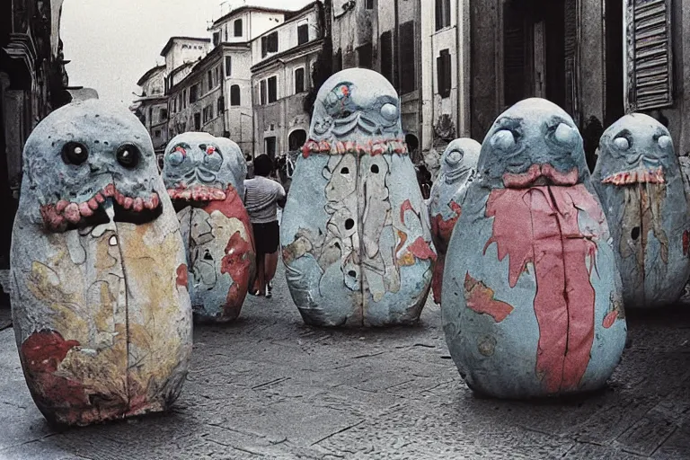 Image similar to colourful creepy umibozu monsters parading the streets of Rome, 1980 photograph, photo real