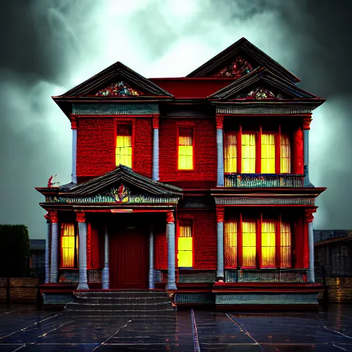 Image similar to A photorealistic 3d render of Invincible Mark Grayson, Volume, Full, ominous, magical realism, texture, intricate, ornate, royally decorated, android format, windows, many doors, roofs, complete house , whirling smoke, embers, red adornments, red torn fabric, radiant colors, fantasy, trending on artstation, volumetric lighting, micro details, 3d sculpture, ray tracing, 8k