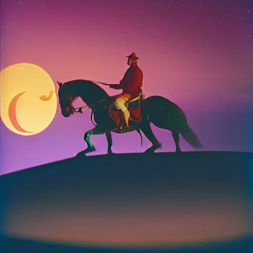 Prompt: A man riding a horse into the night by Roger Dean, blue hour, 8K concept art, shot on Kodak Ektar