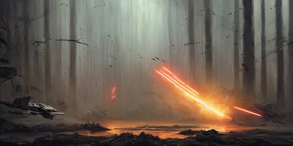 Image similar to a painting of a cinematic keyframe of star wars a destroyed x - wing fighter in dagobah's forest, heavy atmosphere and smoke by greg rutkowski, rule of thirds, golden ratio, ambient lighting, wlop, artgerm, artstation, highly detailed masterpiece, dark fantasy art, high detail, trending on artstation