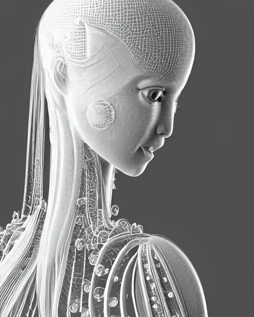 Image similar to mythical dreamy black and white organic translucent bio-mechanical spinal ribbed profile face portrait detail of mechanical beautiful female angelic-snowy-human-doll, highly detailed, intricate crystal jelly steampunk ornate, poetic, 3D render, digital art, octane render, 8K artistic photography, photo-realistic, by Dora Maar