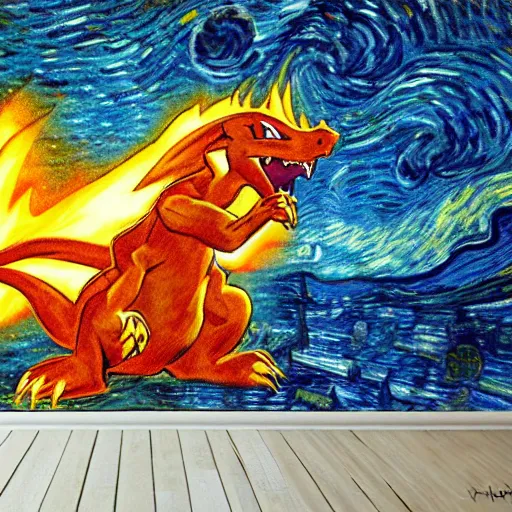 Prompt: charizard spitting fire, the background is the starry nights by van gogh, oil - on - canvas painting, hdr, 4 k