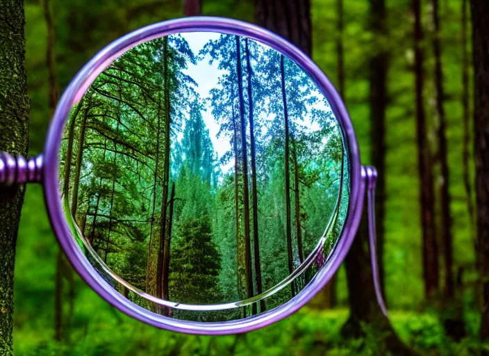 Image similar to photo of a crystal mirror that is a portal to another magical world. Forest in the background. Fantasy magic style. Highly detailed 8k. Intricate. Nikon d850 55mm. Award winning photography.