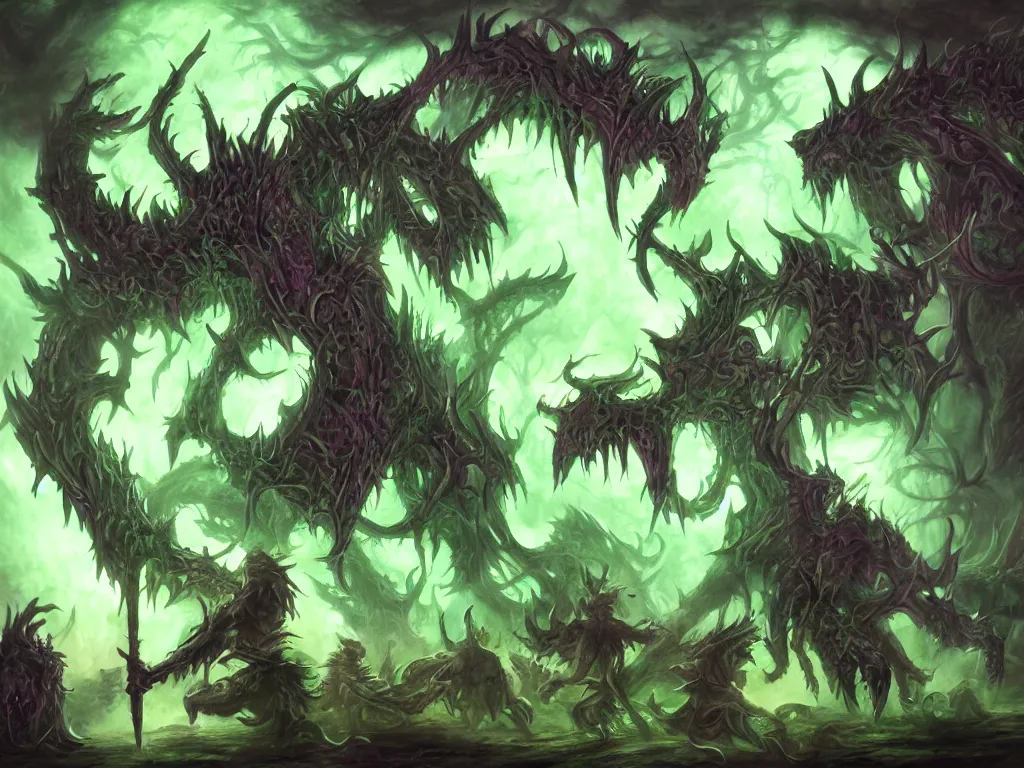 Prompt: Fantasy art for a green spell. The opponent's monsters are suddenly all dying. Converted mana cost is 6. Award winning, high detail, original artwork, dramatic lighting