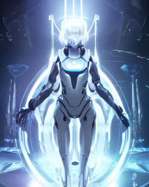 Prompt: photo of an android girl on a mothership, warframe armor, beautiful face, scifi, futuristic, galaxy, raytracing, dreamy, perfect, aura of light, pure, white hair, blue eyes, glow, insanely detailed, artstation, innocent look, art by gauthier leblanc, kazuya takahashi, huifeng huang