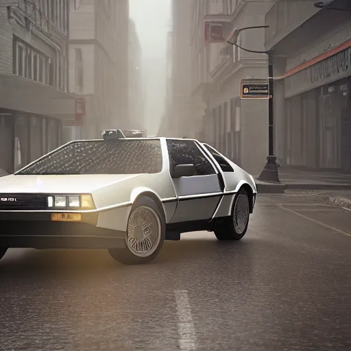 Image similar to hyperdetailed, photorealistic photograph of a dmc 1 2 delorean driving in the streets, rain, night, dense fog, hd, unreal engine 5