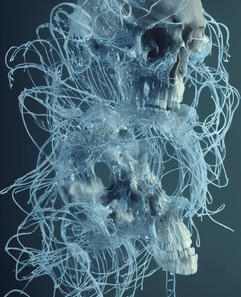 Image similar to composition of human skulls, animals skulls, bones, rib-cage. jellyfish orchids and betta fish, bioluminiscent, intricate artwork by Tooth Wu and wlop and beeple. octane render, trending on artstation, greg rutkowski very coherent symmetrical artwork. cinematic, hyper realism, high detail, octane render, 8k