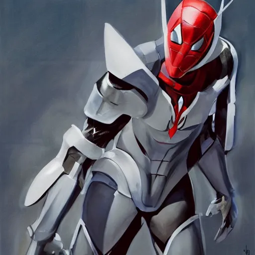 Image similar to greg manchess portrait painting of armored spiderman ultraman grey fox from metal gear cyborg gay japanese - american hybrid as overwatch character, medium shot, asymmetrical, profile picture, organic painting, sunny day, matte painting, bold shapes, hard edges, street art, trending on artstation, by huang guangjian and ail elvgren and sachin teng