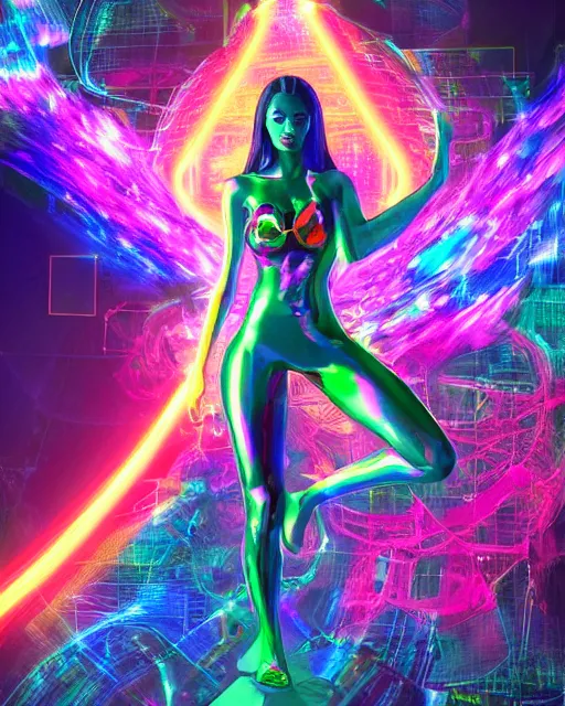 Image similar to a powerful energy psychedelic matrix woman, by alexander fedosav, hyper detailed digital matte painting, concept art, hyperrealism, 1 6 k resolution, cinema 4 d, 8 k resolution, trending on artstation, behance hd, a masterpiece, by stephan martiniere, particles, cel - shaded, power bright neon energy, by david a. hardy,