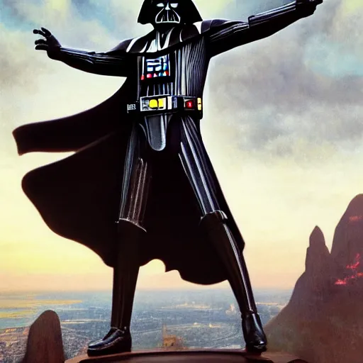 Prompt: a highly detailed picture of, the darth vader as the christo redentor dabbing over rio de janeiro and shouting poggers, ultrawide lens, art by john collier and albert aublet and krenz cushart and artem demura and alphonse mucha, volumetric lighting, octane render, 4 k resolution, trending on artstation, masterpiece