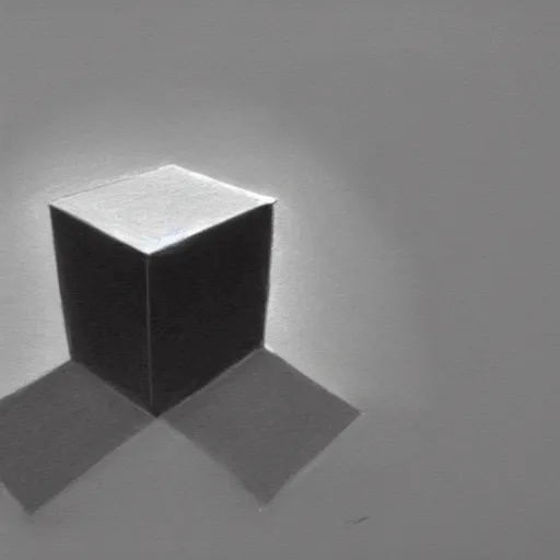 Image similar to An educational artist's demonstration of a single simple cube drawn in one point perspective. Sketch.