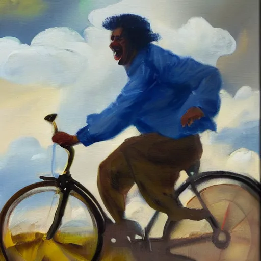 Image similar to A painting of a joyful man riding a bicycle in the clouds, action shot, subject is smiling, expressive oil painting