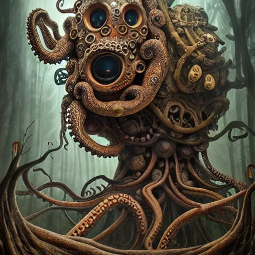 Image similar to biomechanical creature with big octopus head and (glowing) eyes guarding an ancient chest in a mystic forest, gothic and baroque, brutalist architecture, ultradetailed, Intricate by Ellen Jewett and Josan Gonzalez and Giuseppe Arcimboldo