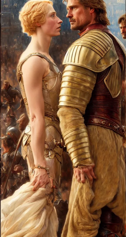 Image similar to attractive fully clothed jaime lannister confesses his love for attractive fully armored brienne of tarth. highly detailed painting by gaston bussiere and j. c. leyendecker 8 k