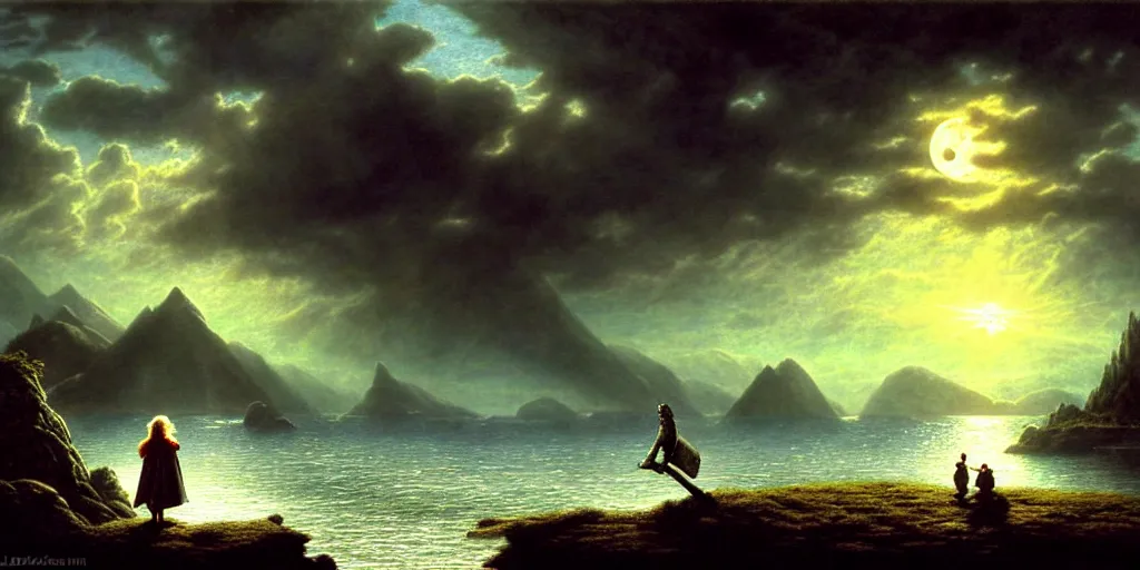 Image similar to a hobbit out at a lord of the rings scenery landscape, staring across the sea from the shore at a white timber sail boat leaving harbour, evening, god's rays highly detailed, vivid colour, soft clouds, full moon, cinematic lighting, perfect composition, gustave dore, derek zabrocki, greg rutkowski, belsinski