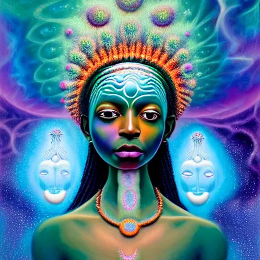 Prompt: obatala the african cosmic queen sitting in a cabana made of nebula clouds, by Adi granov and afarin sajedi and amanda sage and evgeni gordiets and Agostino Arrivabene in a psychedelic portrait style, ultrarealistic matte painting, volumetric lighting, fractal, extremely symmetrical, highly detailed face, orisha, 8k, hd
