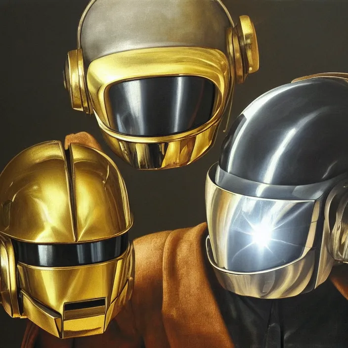 Image similar to still life painting of a daft punk helmets and greenery by pieter claesz, oil on canvas, strong lighting, highly detailed, hyper realism, golden hour, god rays, hd, 4 k