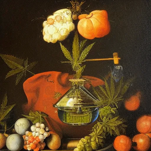 Image similar to gravity bong with weed in still life. dutch masters, 1 8 th century. oil on canvas