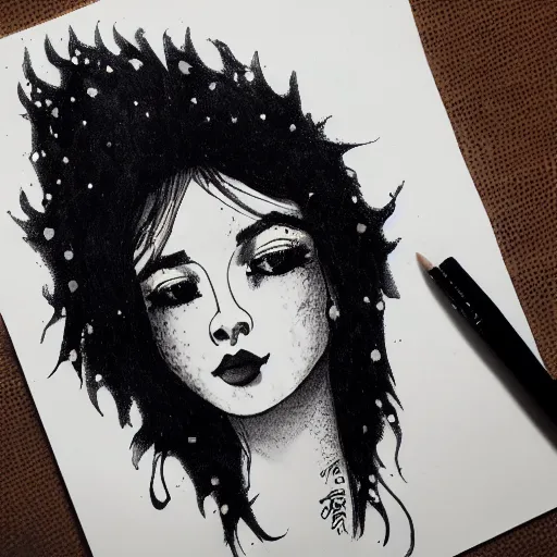 Prompt: A black ink portrait of a lonely beautiful woman with the the constellation in her beautiful black flowing hair, inktober