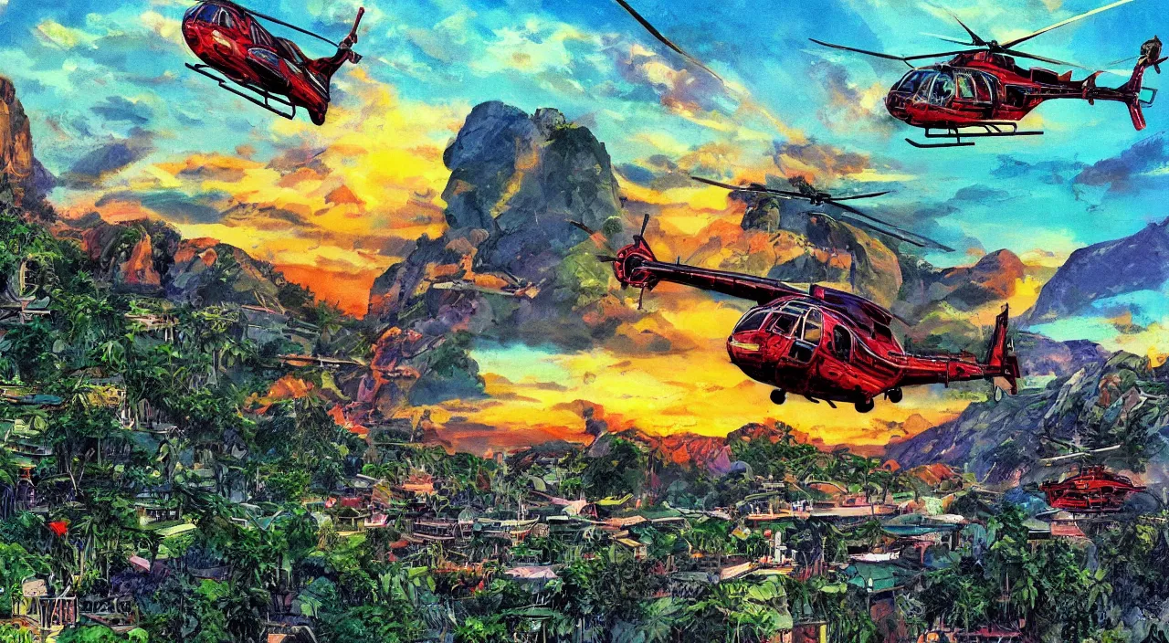 Image similar to helicopters flying low over jungle mountains sunset sky rice patties beautiful artstation 4 k breathtaking illustration cartoon by jack kirby