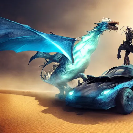 Prompt: blue knight attacking dragon, overturned green car in desert, fine art, battle, duel, sword, breathing fire, cgsociety, trending, realistic, fantasy, 4 k, artstation