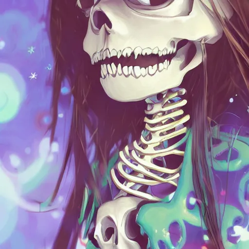 Image similar to manga fine details portrait of joyful skull girl skeleton, bokeh. anime masterpiece by Studio Ghibli. 8k render, sharp high quality anime illustration in style of Takashi Murakami, artstation