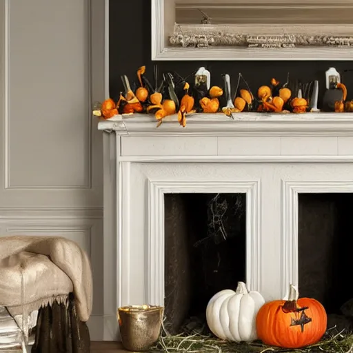 Prompt: a realistic photo of a fireplace mantle decorated for halloween, photorealism, dramatic lighting