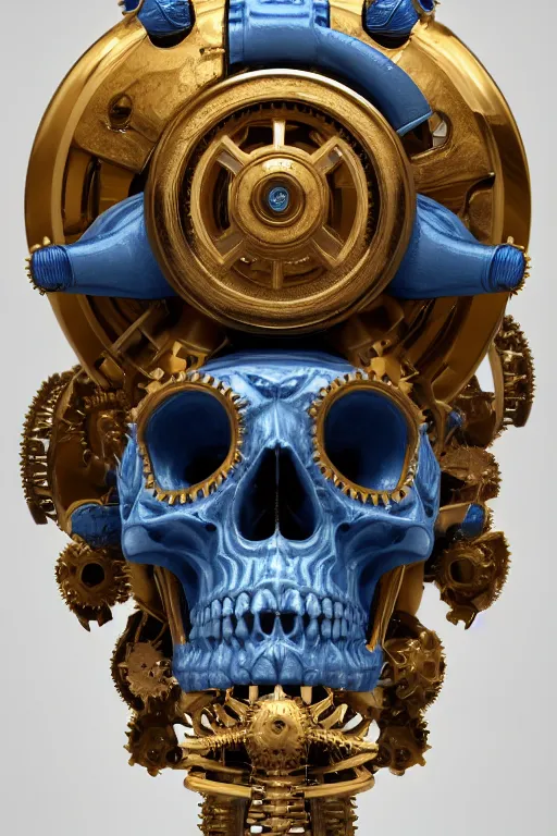 Image similar to clean 3 d render ultra detailed of a skull, intricate art deco and steam punk gears details inside, hyperrealistic, volumetric lighting, ultra detailed, elegant, octane render, blue and gold, 8 k, trending on artstation, unreal engine