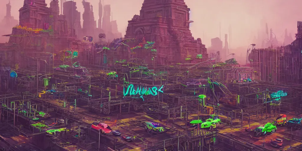 Image similar to hyperrealistic matte painting of aztec temples in a future environment with flying cars, mechanical features and neon, graffiti, scaffolding, smog, destruction by filip hodas, beeple, 4 k, trending on cgsociety