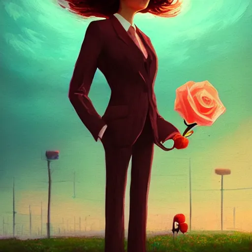 Image similar to closeup, giant rose flower as a head, frontal, girl in a suit, surreal photography, sunrise, dramatic light, impressionist painting, digital painting, artstation, simon stalenhag