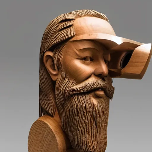 Image similar to wooden sculpture of a bearded viking wearing a vr headset, polished maple, thoughtful, elegant, real