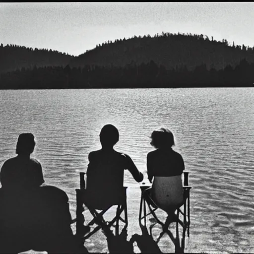 Image similar to photograph from the sixties of people sitting by a lake in summer, degraded, aged, light leak