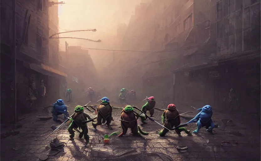 Prompt: painting of ninja turtles, hyper realistic t, natural light, concept art, by greg rutkowski, cozy atmospheric and cinematic lighting