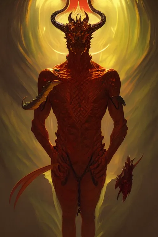 Image similar to full figure antrophomorphic male dragon, frontal view, no wings, luminous scene, by greg rutkowski and alphonse mucha, d & d character, gradient yellow to red, in hell, highly detailed portrait, digital painting, artstation, concept art, smooth, sharp focus illustration, artstation hq