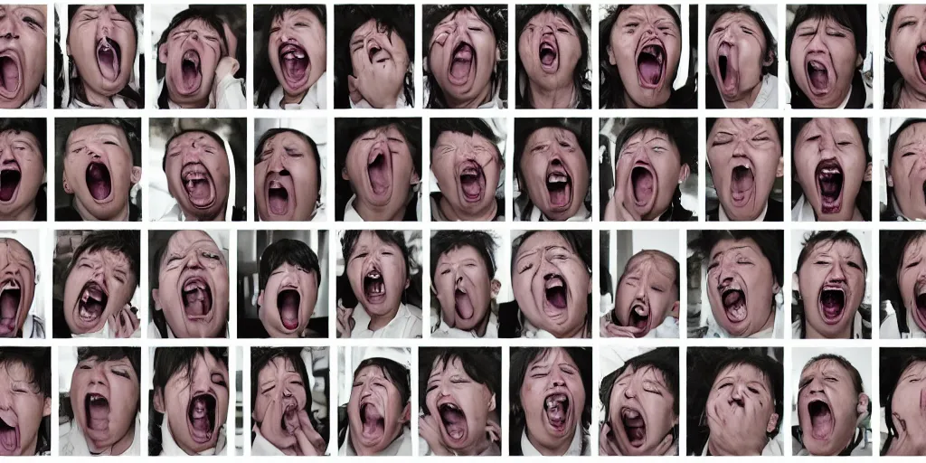 Prompt: a grid of portraits with crying faces, screaming, howling, tears, yelling, shouting, 50mm lens, passport photographs