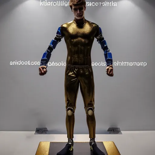 Image similar to a realistic detailed photo of a guy who is an attractive humanoid who is half robot and half humanoid, who is a male android, soccer players martin ødegaard & timo werner, shiny skin, posing like a statue, blank stare, in a lab, on display, showing off his muscles, gold soccer shorts, no jersey, statue, many copies of them